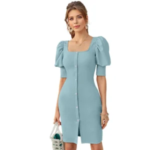 54162095832_c31e6a8587_o_d-1000x1000-1.webp Generic Women's Knitting stretchable Solid Square Neck 3-4 Puff Sleeve Dress (Pista)
