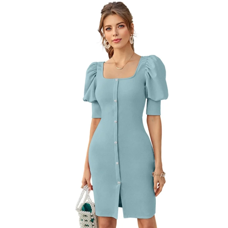 54162095832_c31e6a8587_o_d-1000x1000-1.webp Generic Women's Knitting stretchable Solid Square Neck 3-4 Puff Sleeve Dress (Pista)