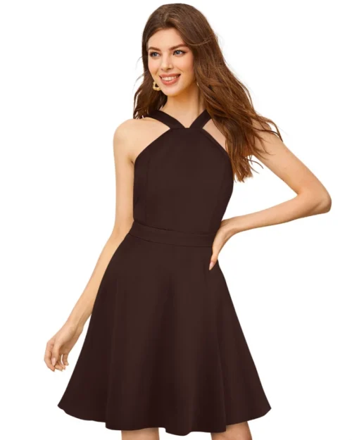 Generic Women's Knitting stretchable Solid Halter Neck Sleeveless Dress (Coffee)