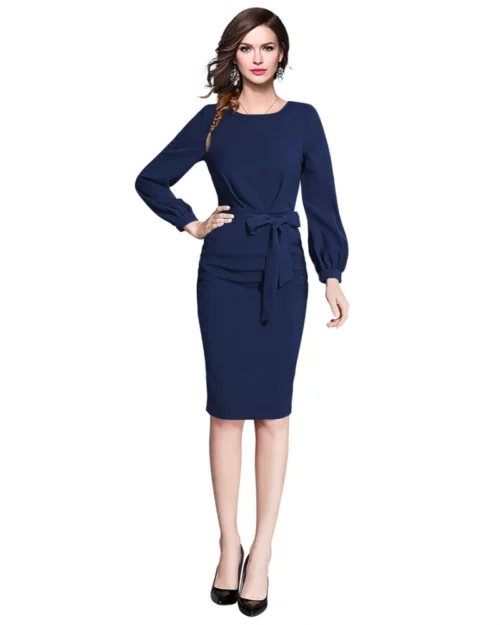 Generic Women's Knitting stretchable Solid Round Neck Full Sleeve Dress (Blue)