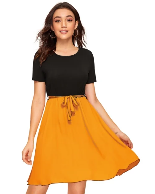 Generic Women's Knitting stretchable Solid Round Neck Cap Sleeve Dress (Yellow)