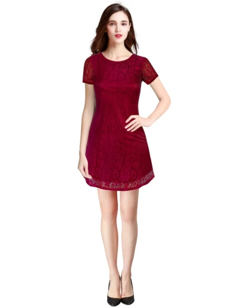 Generic Women's Rasal Solid Round Neck Cap Sleeve Dress (Maroon)
