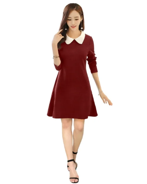 Generic Women's Polyester Solid Collar 3-4th Dress (Maroon)
