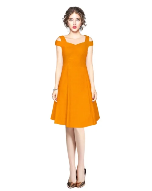 Generic Women's Polyester Solid V Neck Cap Sleeve off Shoulder Dress (Yellow)