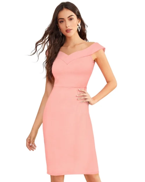 Generic Women's Knitting stretchable Solid Round Neck Sleeveless Dress (Peach)