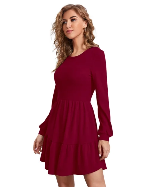 Generic Women's Knitting stretchable Solid Round Neck Full Sleeve Dress (Maroon)