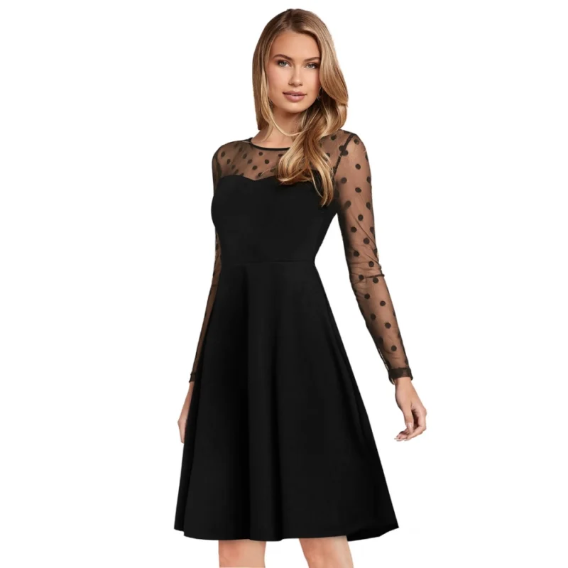 Generic Women's Knitting stretchable Solid Round Neck Full Sleeve Dress (Black)