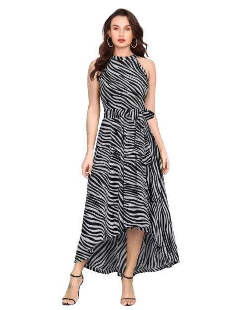 Generic Women's Polyester Zebra Pattern Halter Neck Sleeveless Dress (Navy Blue)