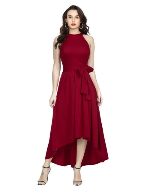 Generic Women's Polyster Solid Halter Neck Sleeveless Dress (Maroon)