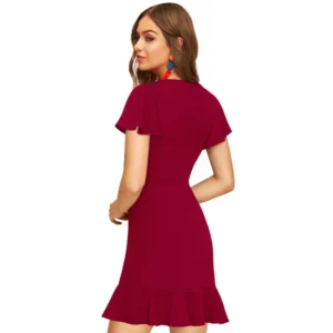 54162969866_c348674882_o_d-1000x1000-1.webp Generic Women's Knitting stretchable Solid V Neck Flaired Sleeve Dress (Maroon )