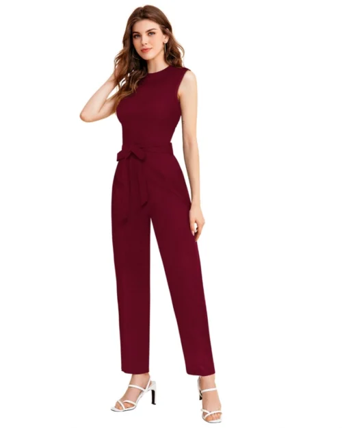 Generic Women's Knitting stretchable Solid Round Neck Sleeveless Jumpsuit (Maroon)