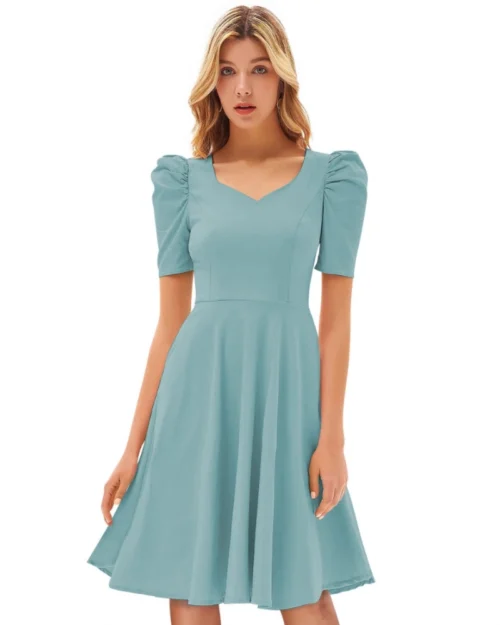 Generic Women's Knitting stretchable Solid V Neck Cap Sleeve Dress (Pista)