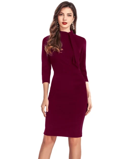 Generic Women's Knitting stretchable Solid Round Neck 3-4th Dress (Maroon)