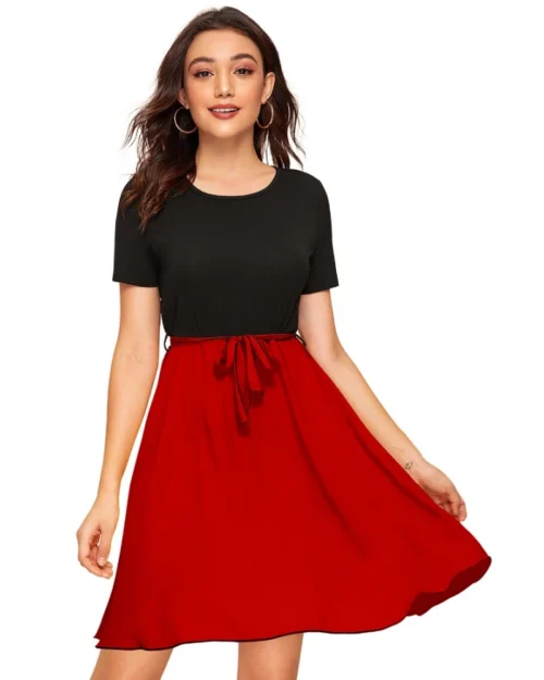 Generic Women's Knitting stretchable Solid Round Neck Cap Sleeve Dress (Red)