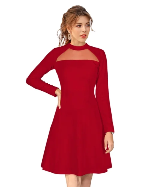 Generic Women's Knitting stretchable Solid Round Neck Full Sleeve Dress (Red)