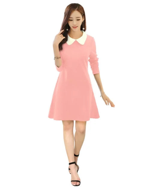 Generic Women's Polyester Solid Collar 3-4th Dress (Peach)