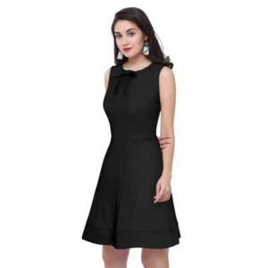 Generic Women's Polyester Solid Round Neck Sleeveless Dress (Black)