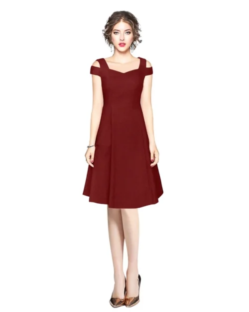 Generic Women's Polyester Solid V Neck Cap Sleeve off Shoulder Dress (Maroon)