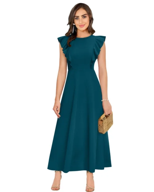 Generic Women's Knitting stretchable Solid Round Neck Ruffled Sleeve Dress (Morpich)