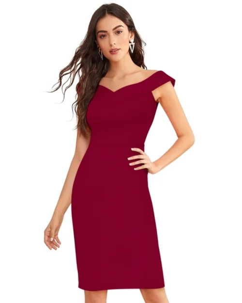 Generic Women's Knitting stretchable Solid Round Neck Sleeveless Dress (Maroon)