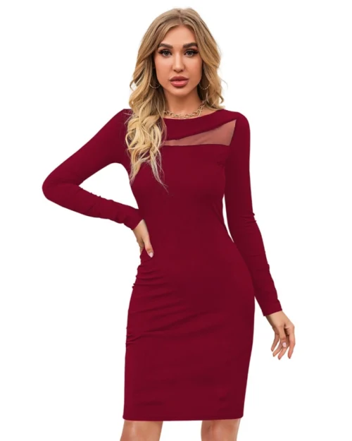Generic Women's Knitting stretchable Solid Round Neck Full Sleeve Dress (Maroon)