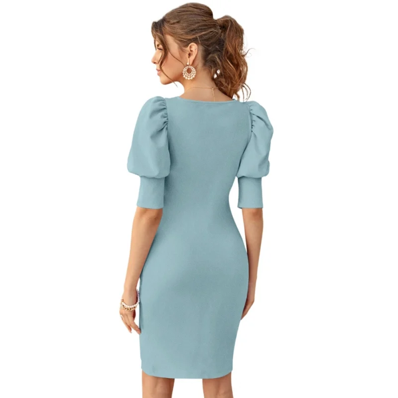 54163245198_517d914578_o_d-1000x1000-1.webp Generic Women's Knitting stretchable Solid Square Neck 3-4 Puff Sleeve Dress (Pista)