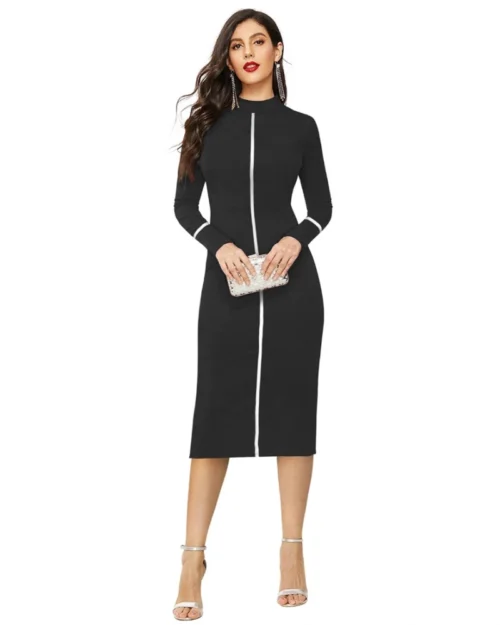 Generic Women's Knitting stretchable Solid Round Neck Full Sleeve Dress (Black)