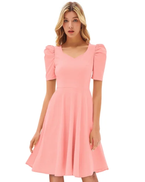 Generic Women's Knitting stretchable Solid V Neck Cap Sleeve Dress (Peach)