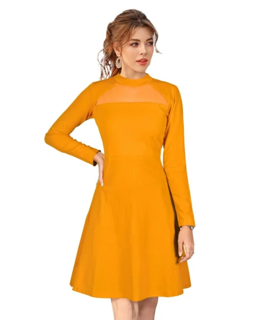 Generic Women's Knitting stretchable Solid Round Neck Full Sleeve Dress (Yellow)