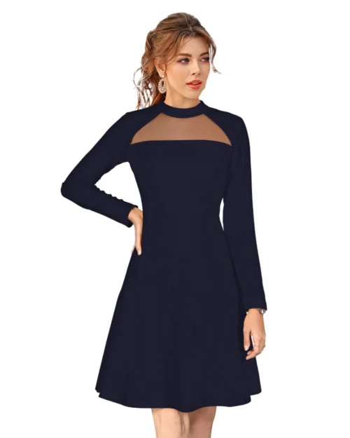 Generic Women's Knitting stretchable Solid Round Neck Full Sleeve Dress (Blue)