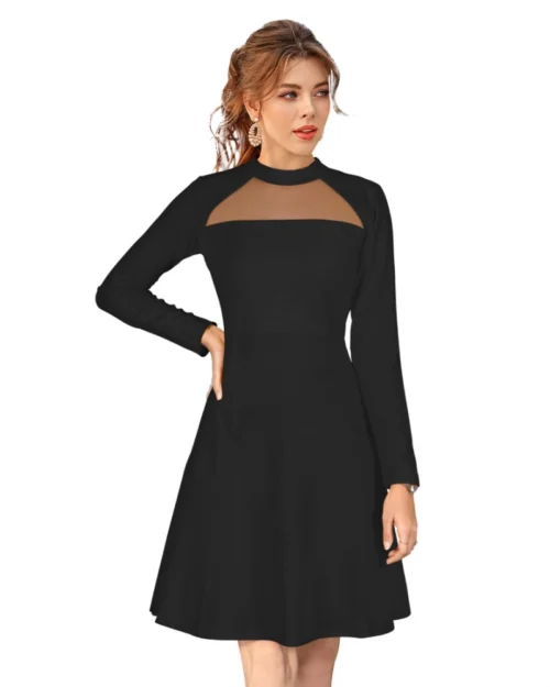 Generic Women's Knitting stretchable Solid Round Neck Full Sleeve Dress (Black)