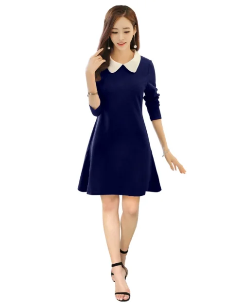 Generic Women's Polyester Solid Collar 3-4th Dress (Blue)