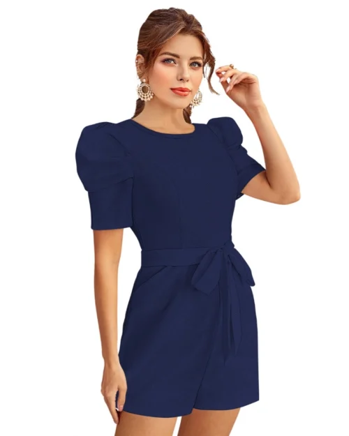 Generic Women's Knitting stretchable Solid Round Neck 3-4 Puff Sleeve Dress (Blue)