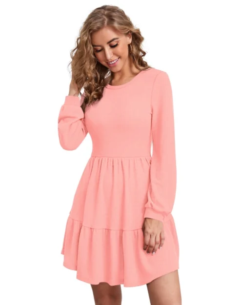 Generic Women's Knitting stretchable Solid Round Neck Full Sleeve Dress (Peach)