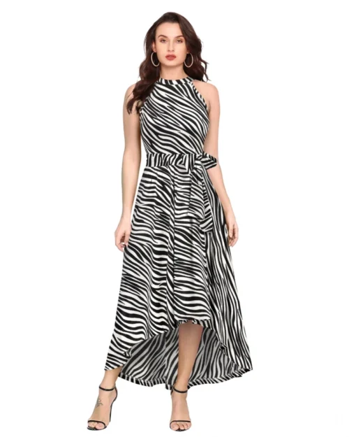Generic Women's Polyester Zebra Pattern Halter Neck Sleeveless Dress (White)