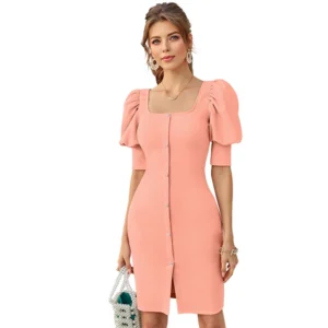 54163285359_dd23e3fda1_o_d-1000x1000-1.webp Generic Women's Knitting stretchable Solid Square Neck 3-4 Puff Sleeve Dress (Peach)