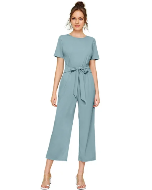 Generic Women's Knitting stretchable Solid Round Neck Cap Sleeve Jumpsuit (Pista )