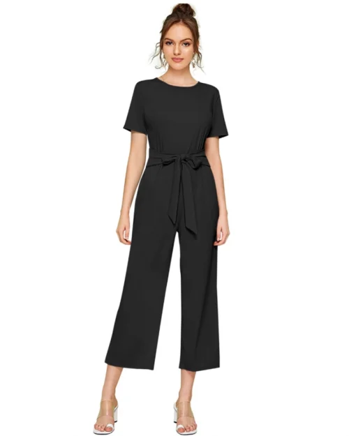 Generic Women's Knitting stretchable Solid Round Neck Cap Sleeve Jumpsuit (Black)