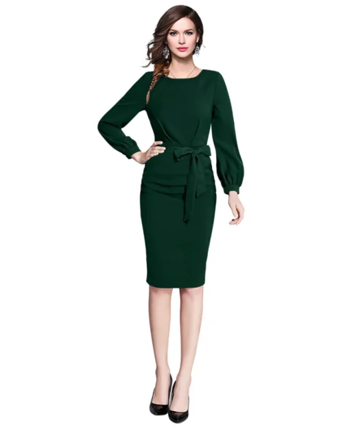 Generic Women's Knitting stretchable Solid Round Neck Full Sleeve Dress (Green)