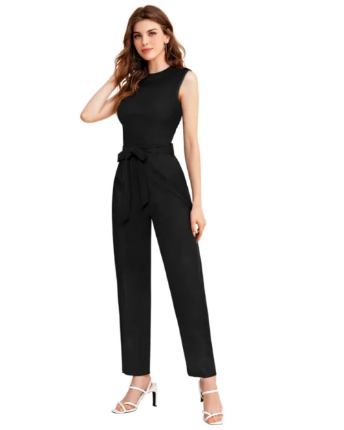 Generic Women's Knitting stretchable Solid Round Neck Sleeveless Jumpsuit (Black)
