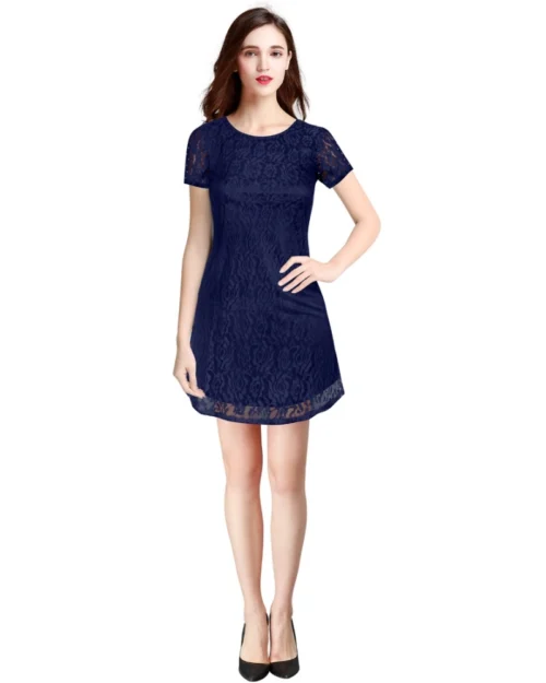 Generic Women's Rasal Solid Round Neck Cap Sleeve Dress (Blue)