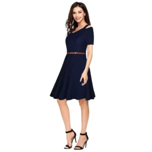 54163288024_8814649126_o_d-1000x1000-1.webp Generic Women's Polyester Solid V Neck Cap Sleeve Dress (Blue)