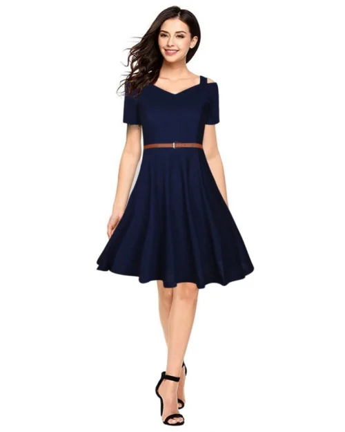 Generic Women's Polyester Solid V Neck Cap Sleeve Dress (Blue)