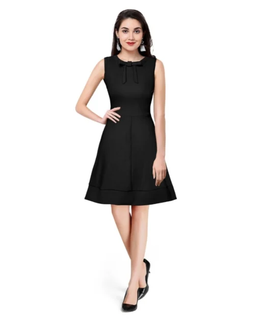 Generic Women's Polyester Solid Round Neck Sleeveless Dress (Black)