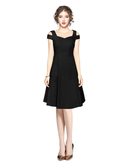 Generic Women's Polyester Solid V Neck Cap Sleeve off Shoulder Dress (Black)
