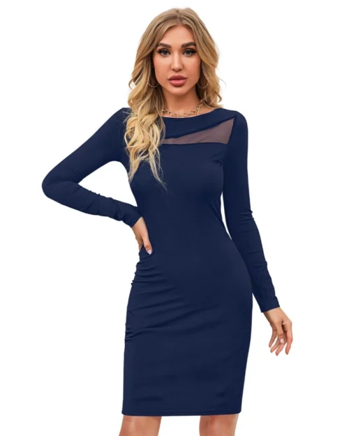Generic Women's Knitting stretchable Solid Round Neck Full Sleeve Dress (Blue )