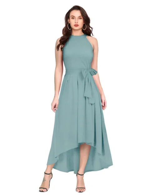 Generic Women's Polyester Solid Halter Neck Sleeveless Dress (Pista)
