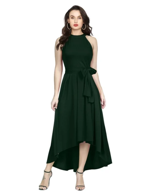 Generic Women's Polyster Solid Halter Neck Sleeveless Dress (Green)