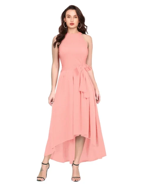 Generic Women's Polyster Solid Halter Neck Sleeveless Dress (Peach)