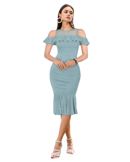 Generic Women's Knitting stretchable Solid Round Neck Sleeveless Dress (Pista )